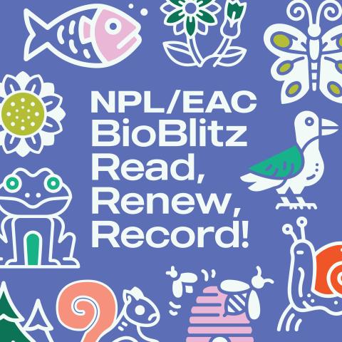 Blue square with animals and plants, with text - NPL/EAC BioBlitz Read, Renew, Record!