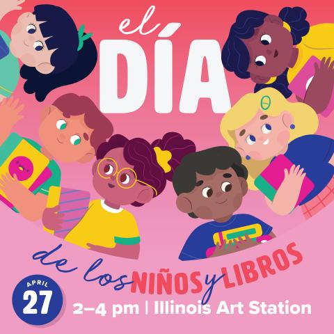 Children surrounding Día event details. April 27 from 2-4 pm. 